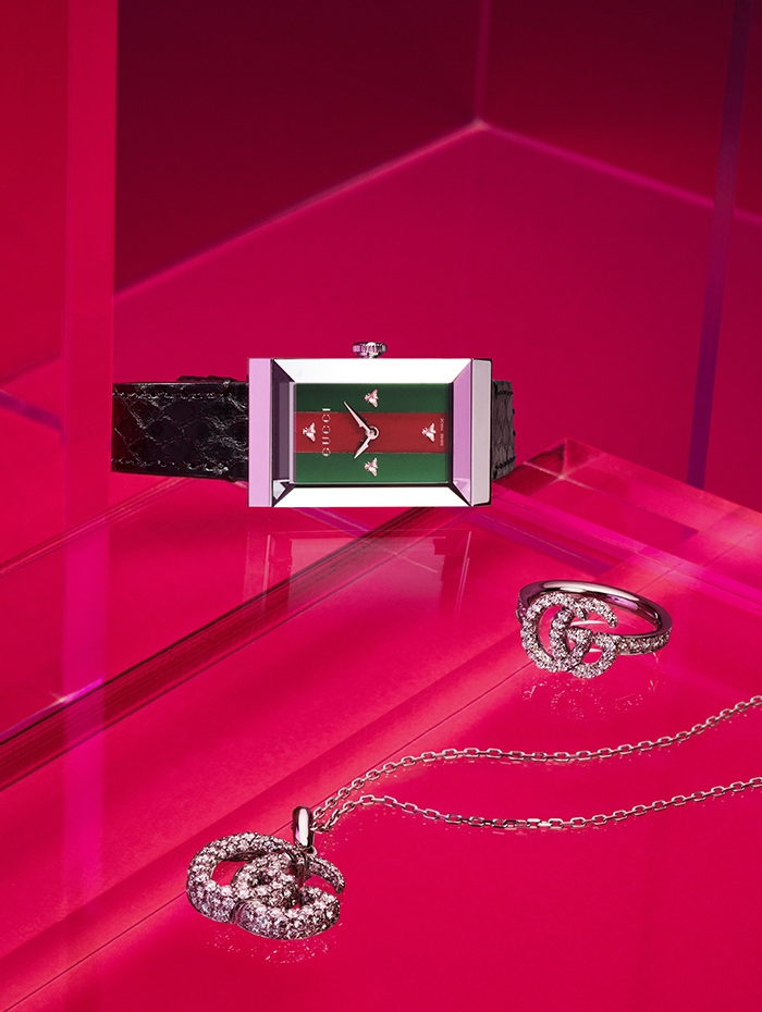 Holt Renfrew image of Gucci G-Frame watch with steel case, mother of pearl dial and ayers strap. $1655. GG Running necklace with diamonds in 18K white gold. $12,130. GG Running ring with diamonds in 18K white gold. $7070.