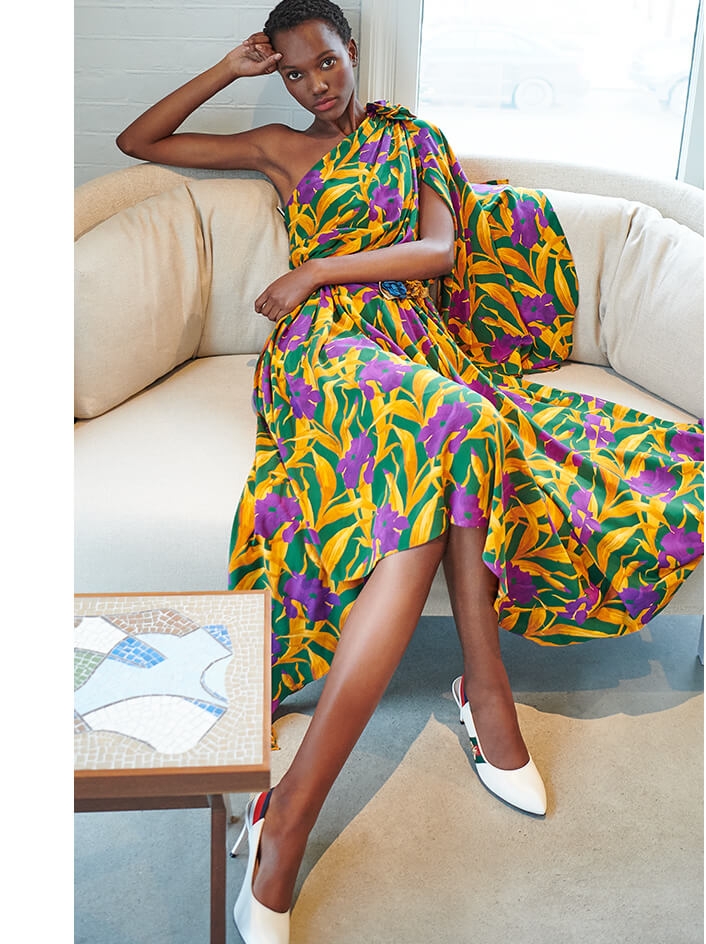 Holt Renfrew image of GUCCI Silk Dress With Flowers. $8500. LEARN MORE Sylvie Leather Slingback Pumps. $800. SHOP NOW