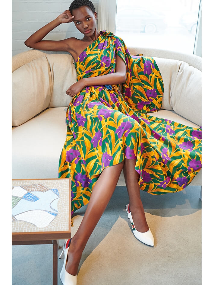 Holt Renfrew image of GUCCI Silk Dress With Flowers. $8500. LEARN MORE Sylvie Leather Slingback Pumps. $800. SHOP NOW