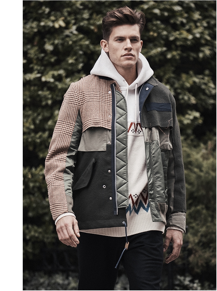Holt Renfrew image of SACAI Mixed Media Field Jacket. $2145. FIND IN-STORE Nordic Hoodie. $820. Melton Wool Sweatpants. $740.