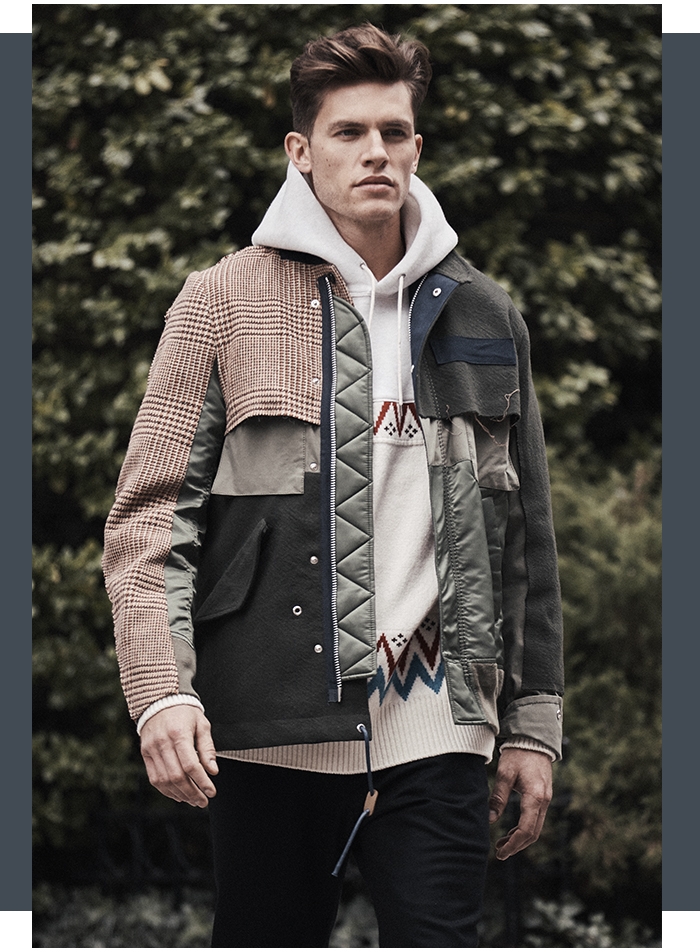 Holt Renfrew image of SACAI Mixed Media Field Jacket. $2145. FIND IN-STORE Nordic Hoodie. $820. Melton Wool Sweatpants. $740.