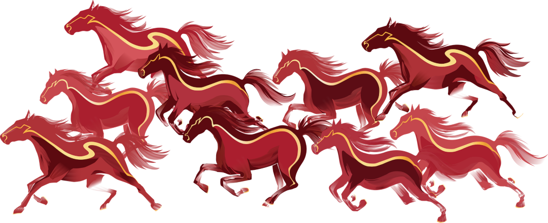 Happy year of the Horse! Artistic red horses run across the page / Bonne année du Cheval ! Des chevaux rouges artistiques galopent sur la page.