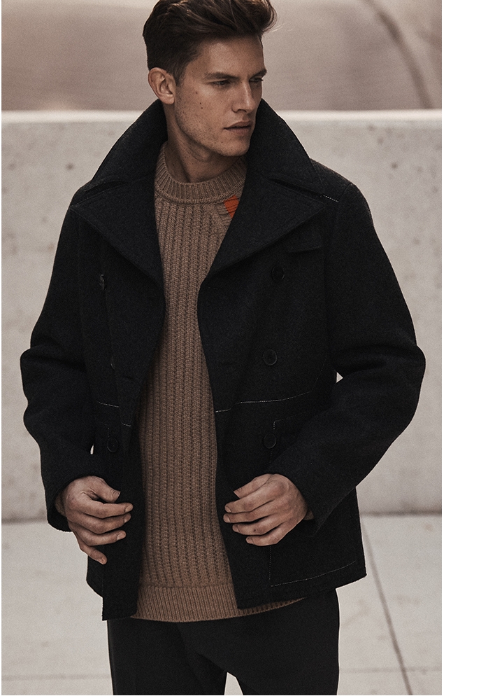 Holt Renfrew image of JIL SANDER Wool Double-Breasted Field Jacket. $3190. Wool Sweater With Stripe Detail. $1600. Wool Pant. $760.