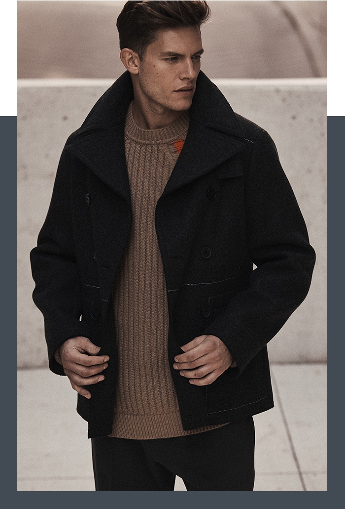 Holt Renfrew image of JIL SANDER Wool Double-Breasted Field Jacket. $3190. Wool Sweater With Stripe Detail. $1600. Wool Pant. $760.