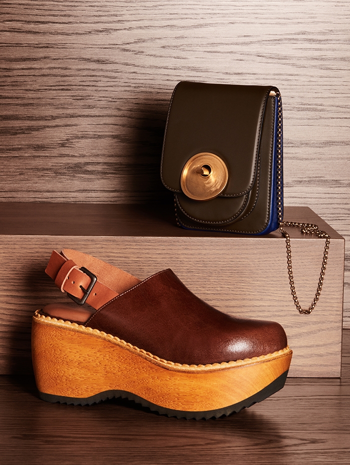 Holt Renfrew Image of MARNI leather Monile mini bag in Wenge and deep purple. $2060. Leather platform clog in brown. $1240.   