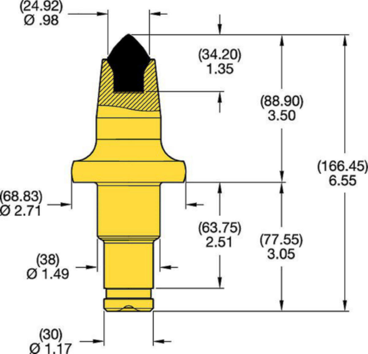 Denti conici con codolo a scalino 38/30 mm • Serie scanalatura K 3.5"