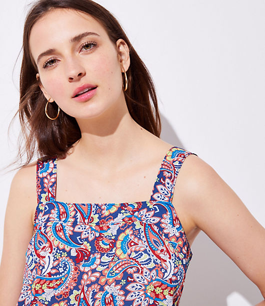 In swirling paisley, this fluid cami has sweet straps that button at back. Square neck.