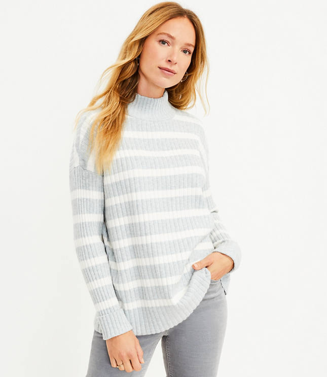로프트 LOFT Striped Ribbed Poncho Tunic Sweater