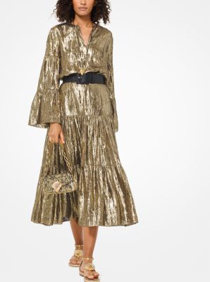 100AKM086 - Crushed Silk Lamé Tiered Skirt GOLD
