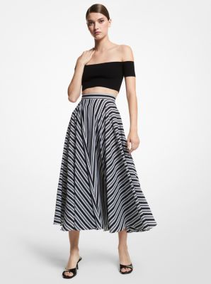 103AKU705 - Striped Organic Silk Crepe De Chine Midi Skirt BLACK/WHITE