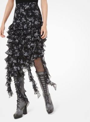 108CKN707A - Floral Silk-Georgette Ruffle Skirt SLATE MULTI