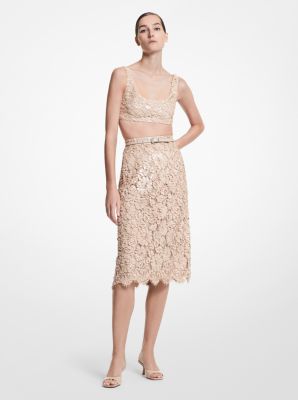 109RKU585 - Hand-Embroidered Paillette Floral Lace Skirt BUFF