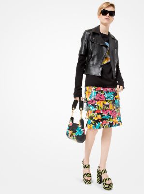 110AKM859A - Floral Plongé Leather Fringe Skirt BLACK