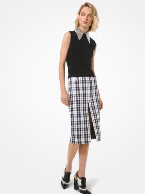 114AKQ516 - Tartan Wool and Cotton Slit Pencil Skirt BLACK/WHITE