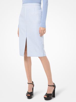 114AKQ523 - Gingham Cotton Slit-Front Pencil Skirt  SKY/OPTIC WHITE