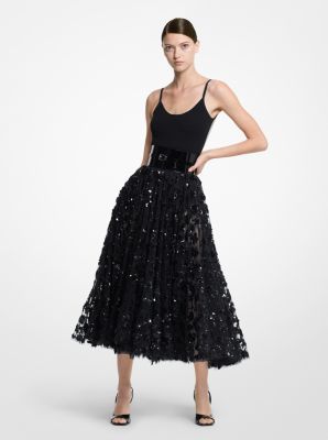 115RKU593A - Hand-Embroidered Paillette Tulle Circle Skirt BLACK