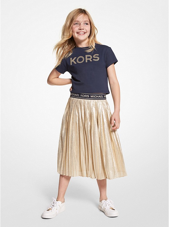 MK 13102 Logo Tape Lamé Pleated Skirt GOLD