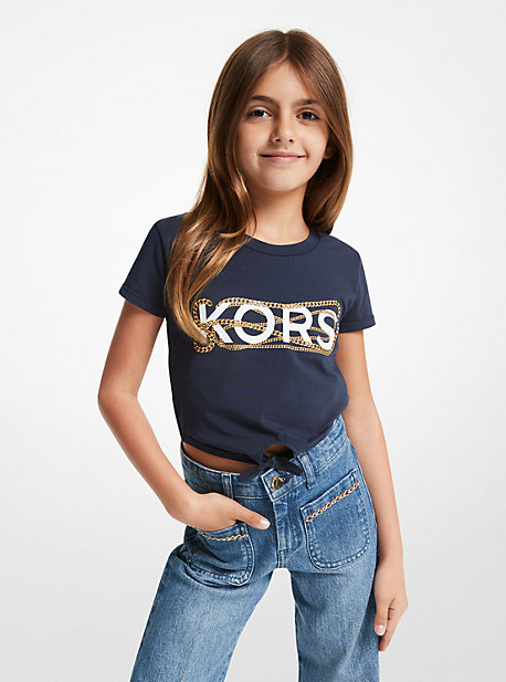 15188 - Logo Stretch Cotton Ruched Cropped T-Shirt NAVY