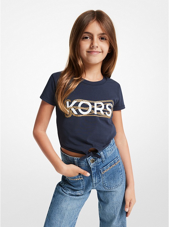 MK 15188 Logo Stretch Cotton Ruched Cropped T-Shirt NAVY
