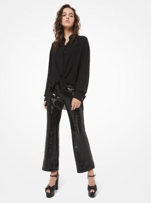 209RKN519A - Sequined Double Crepe-Sablé Cropped Trousers BLACK