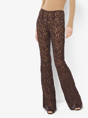214CKH588A - Floral Lace Flared Trousers COFFEE