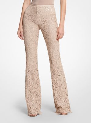 218RKU585 - Paillette Embroidered Floral Lace Flare Pants BUFF