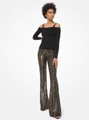 224RKR592 - Sequined Stretch Tulle Flared Pants BLACK