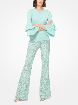 233RKM092 - Leopard Sequined Stretch-Tulle Flared Pants SEAFOAM