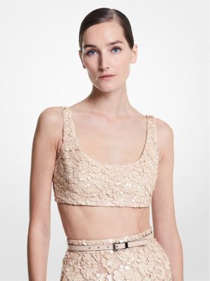 303RKU585 - Hand-Embroidered Paillette Floral Lace Cropped Tank Top BUFF
