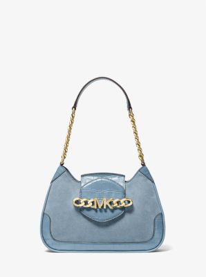 30F1G2HL1S - Hally Small Suede and Crocodile Embossed Shoulder Bag CHAMBRAY