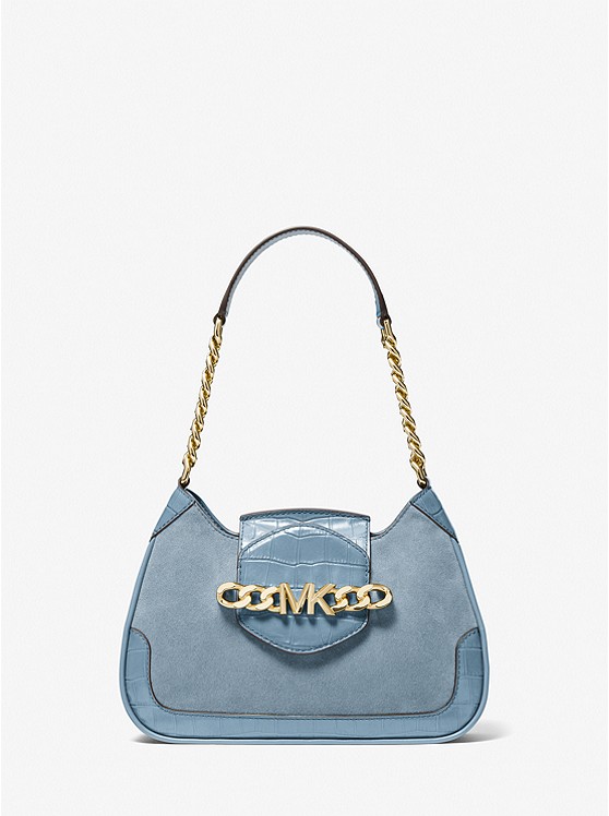 MK 30F1G2HL1S Hally Small Suede and Crocodile Embossed Shoulder Bag CHAMBRAY