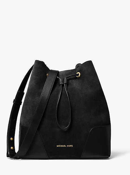 30F8G0CM2S - Cary Medium Suede and Leather Bucket Bag BLACK