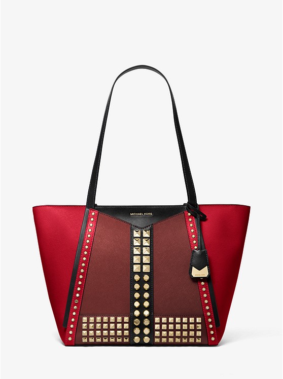 MK 30F9GWHT3L Whitney Large Studded Saffiano Leather Tote Bag BRT RED MLTI