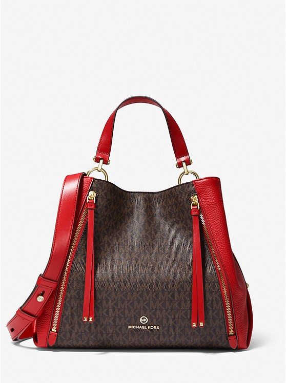 MK 30H1GBNT3B Brooklyn Large Logo and Pebbled Leather Tote Bag CRIMSON