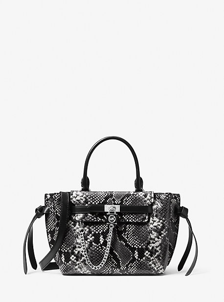 30H1S9HS1E - Hamilton Legacy Small Snake Embossed Leather Belted Satchel BLACK/WHITE