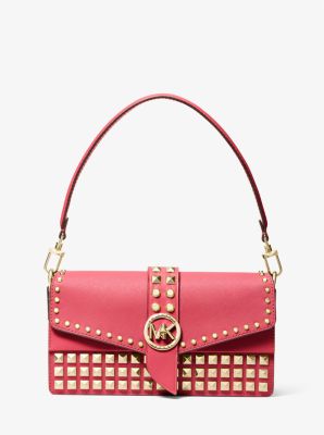 30S2LGRL8L - Greenwich Medium Studded Saffiano Leather Shoulder Bag RUBIN RED