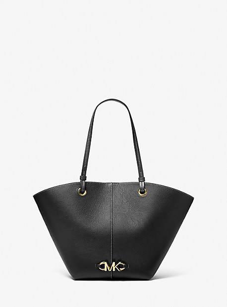 30T1GZYT8L - Izzy Medium Logo Embellished Pebbled Leather Tote Bag BLACK