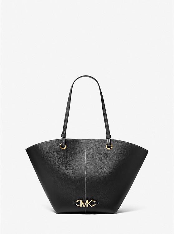 MK 30T1GZYT8L Izzy Medium Logo Embellished Pebbled Leather Tote Bag BLACK