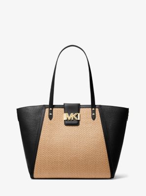 30T2GCDT3W - Karlie Large Straw and Pebbled Leather Tote Bag NATURAL/BLACK