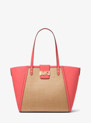 30T2GCDT3W - Karlie Large Straw and Pebbled Leather Tote Bag DAHLIA