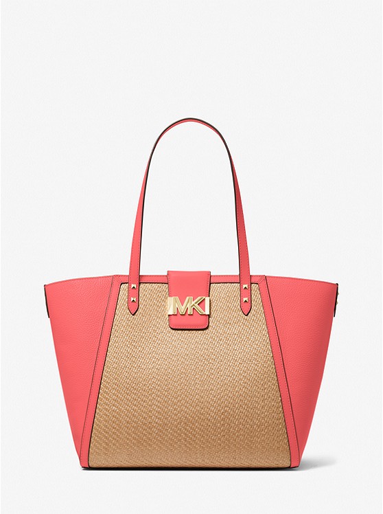MK 30T2GCDT3W Karlie Large Straw and Pebbled Leather Tote Bag DAHLIA