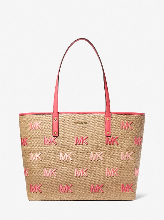 MK 30T2GZPT3W Carter Large Logo Embroidered Straw Tote Bag DAHLIA MULTI