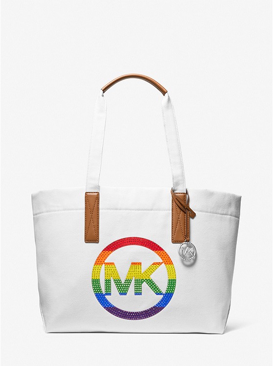 MK 30T2S01T7C PRIDE The Michael Large Embellished Logo Canvas Tote Bag OPTIC WHITE
