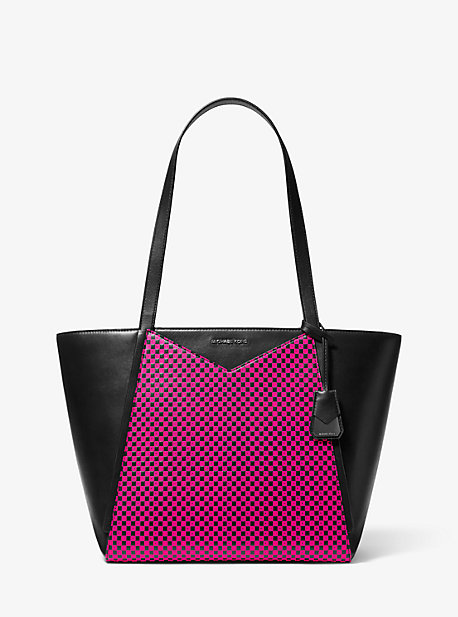 30T9UWHT3R - Whitney Large Checkerboard Logo Leather Tote Bag BLACK/NEON PINK