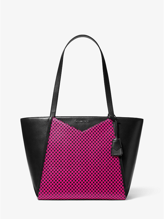 MK 30T9UWHT3R Whitney Large Checkerboard Logo Leather Tote Bag BLACK/NEON PINK