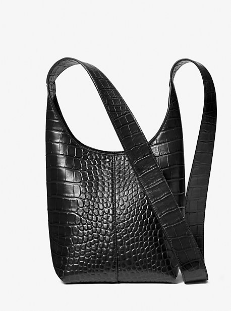 31F3MDEH1R - Dede Mini Crocodile Embossed Leather Hobo Bag BLACK