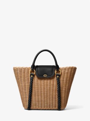 31S1ORBT3R - Roberta Rattan and Leather Basket Tote Bag BLACK