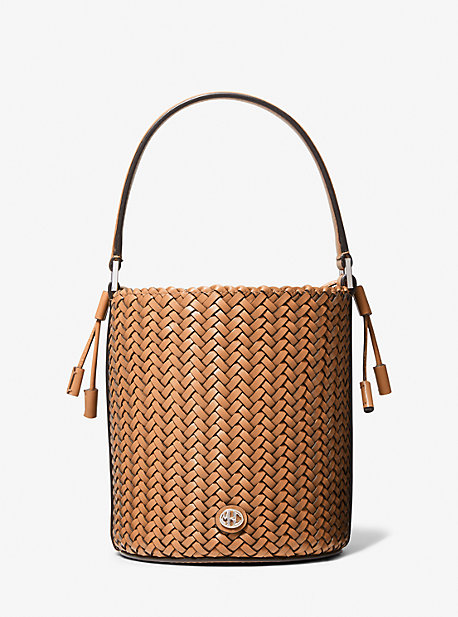 31S2PDYX3T - Audrey Medium Woven Leather Bucket Bag PEANUT