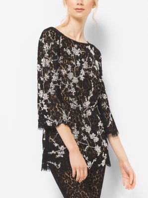 329RKH084 - Crystal-Embroidered Floral Lace Tunic  BLACK