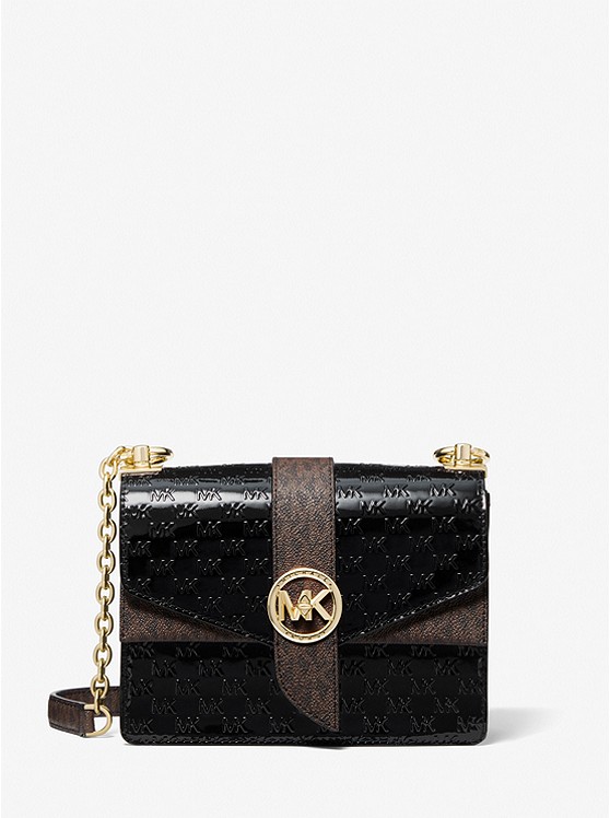 MK 32F1GGRC5A Greenwich Extra-Small Logo Embossed Patent Leather Crossbody Bag BLACK